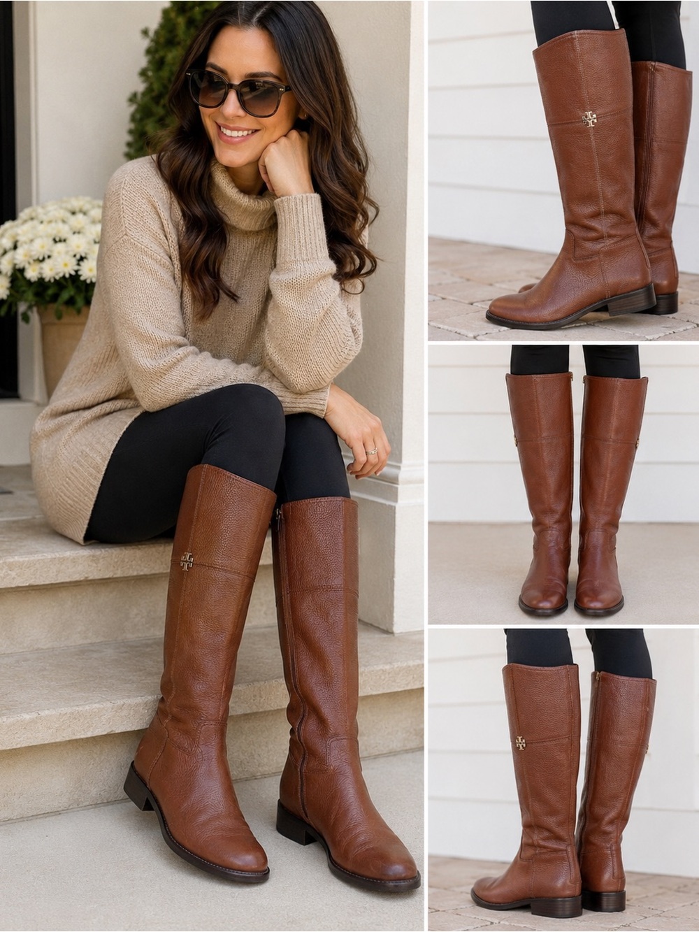 Tory Burch Brown Pebbled Leather Tall Riding Boots Double T Logo 8M